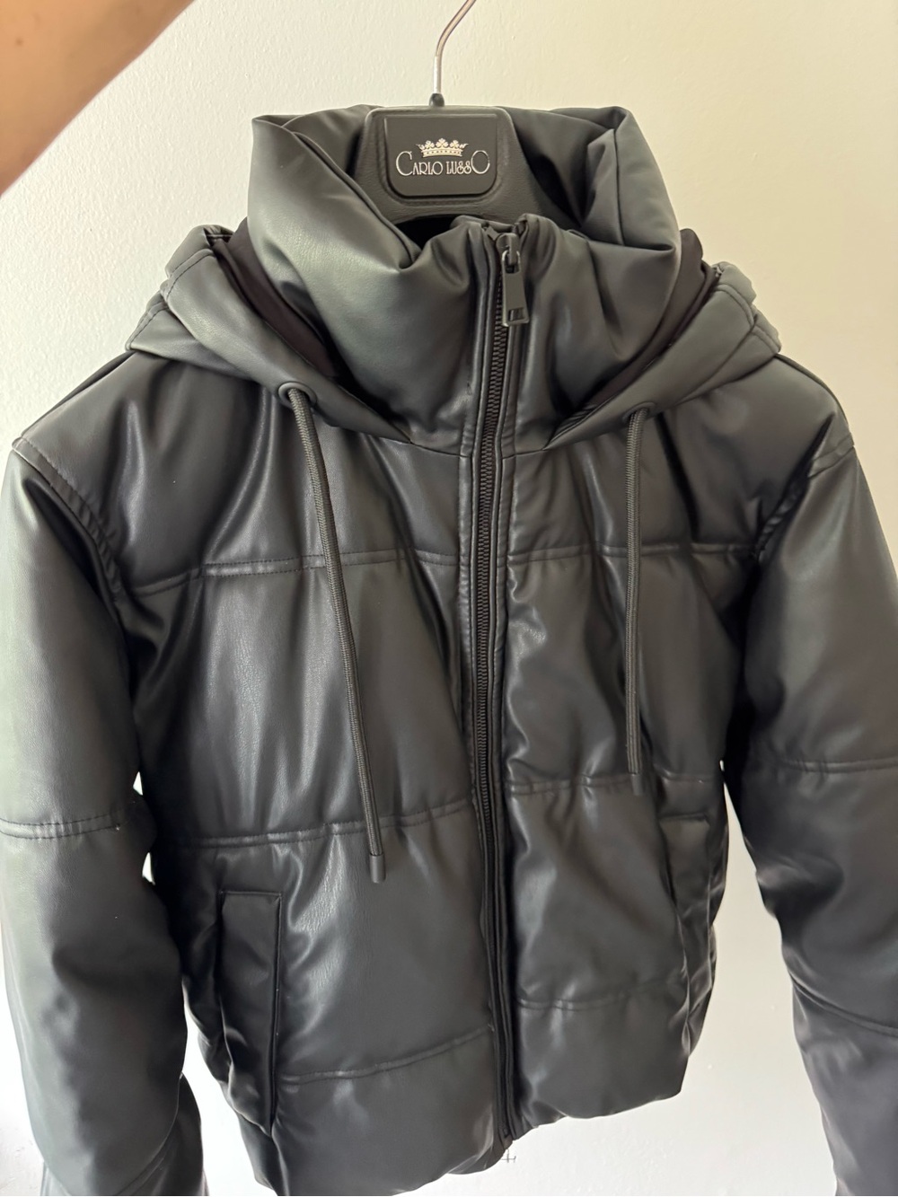 Zara Black Faux-Leather Puffer Jacket with Hood